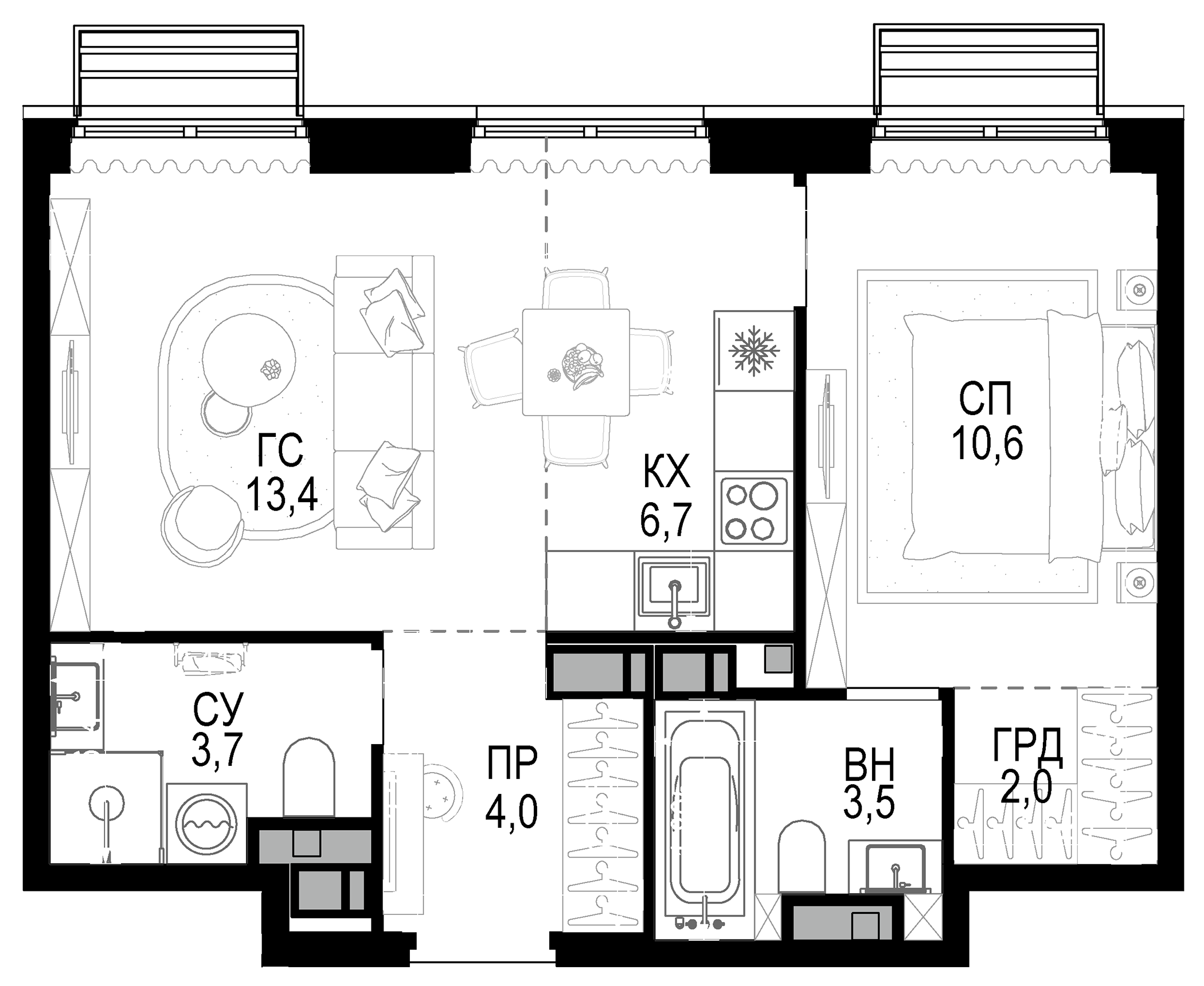 Планировка — Новая Звезда, 2-комн., 44 м²