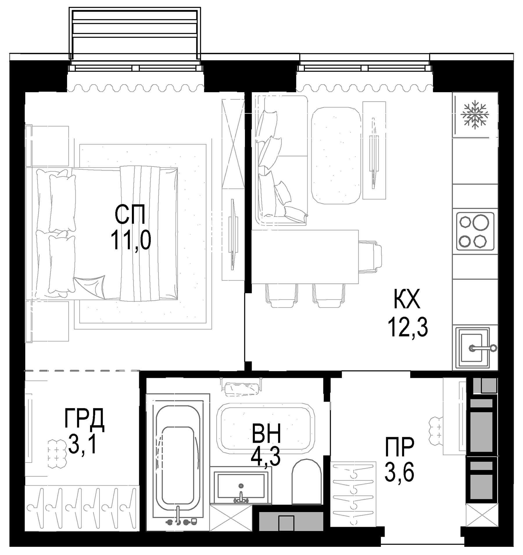 Планировка — Новая Звезда, 2-комн., 34 м²