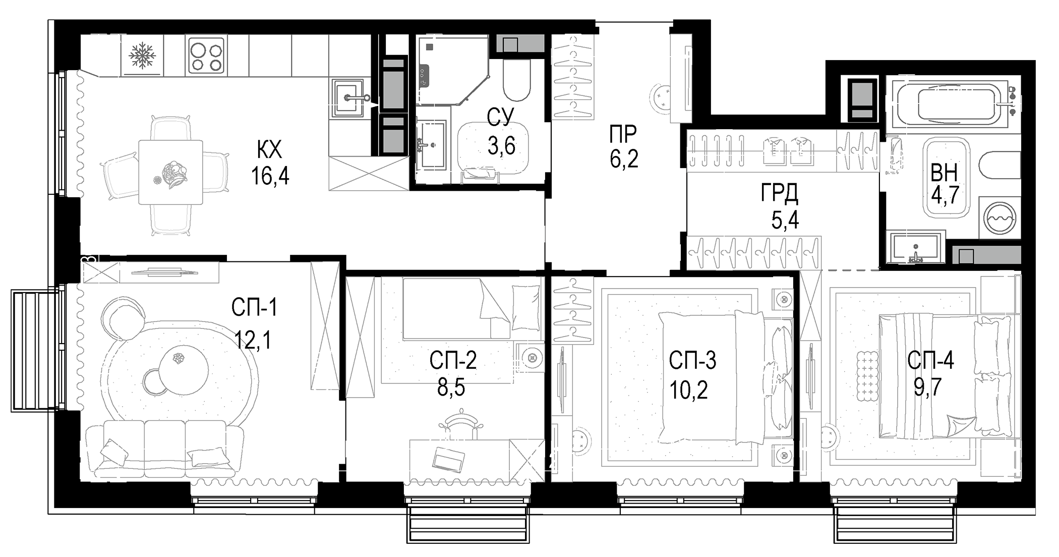 Планировка — Новая Звезда, 4-комн., 77 м²