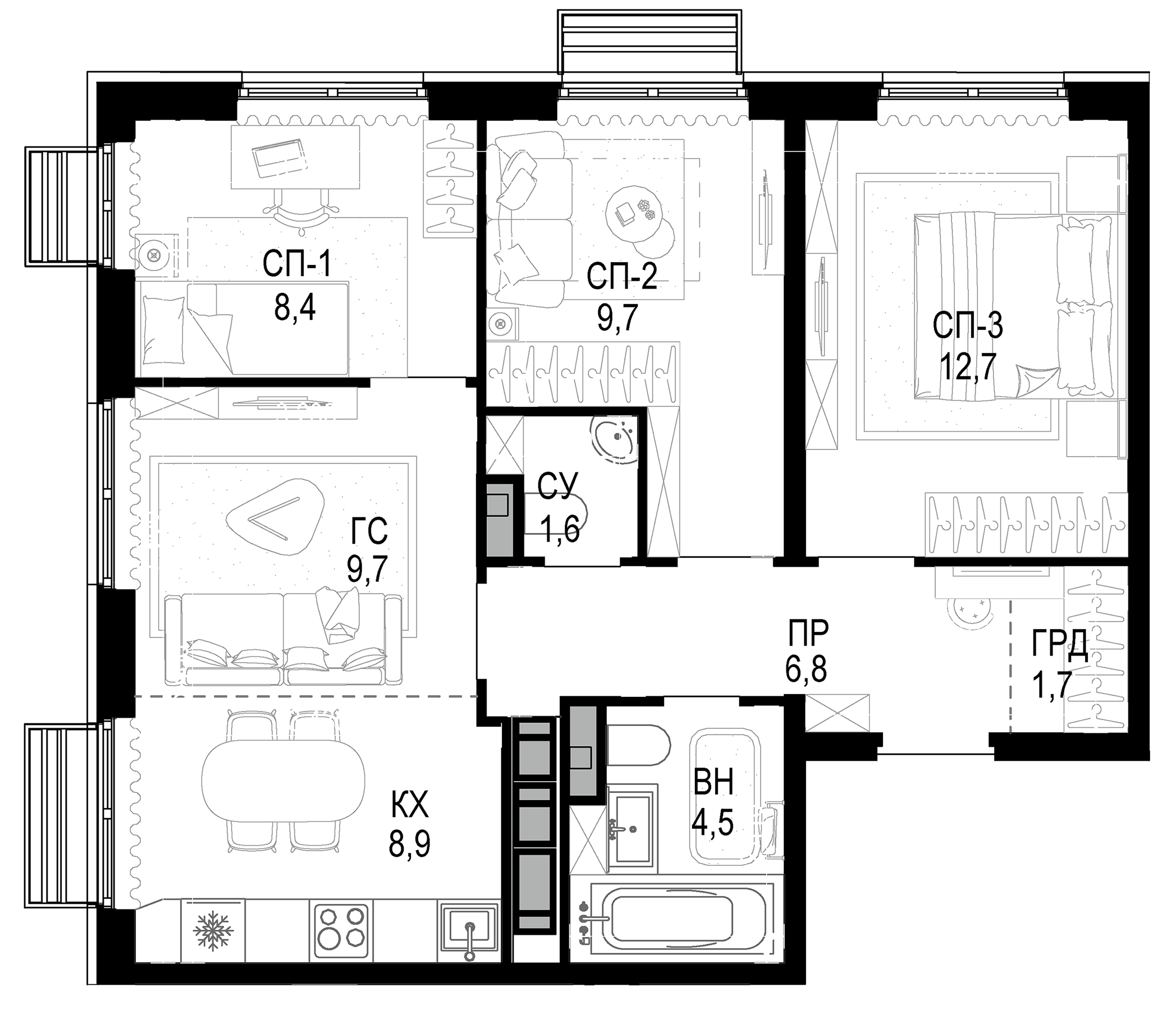 Планировка — Новая Звезда, 4-комн., 64 м²