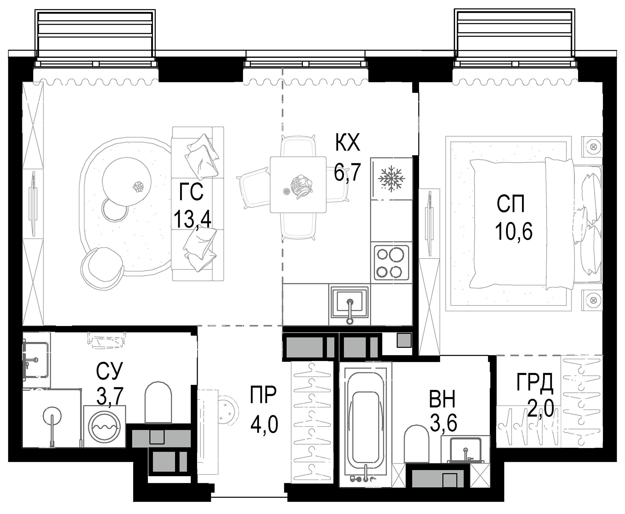 Планировка — Новая Звезда, 2-комн., 44 м²
