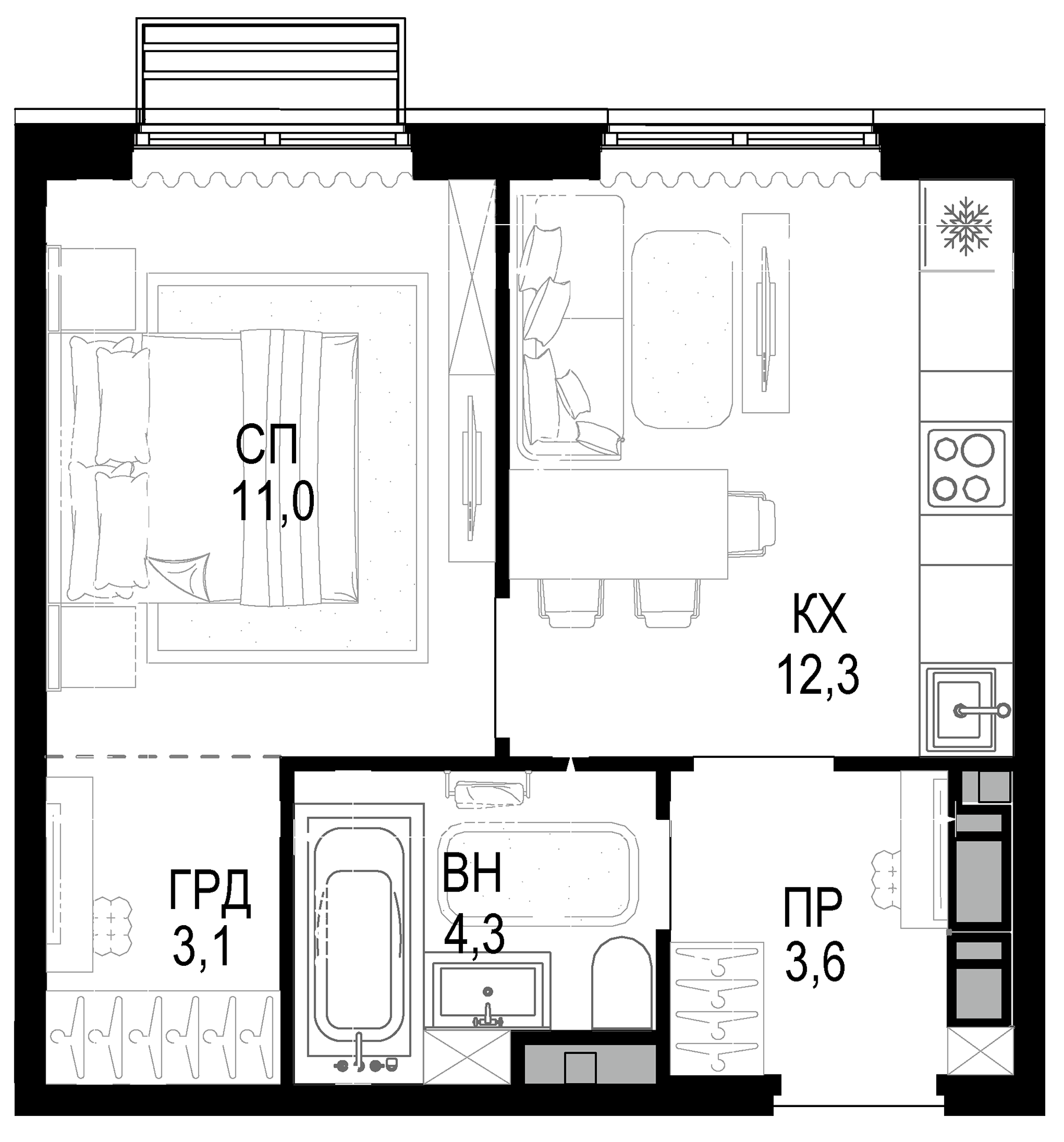 Планировка — Новая Звезда, 2-комн., 34 м²