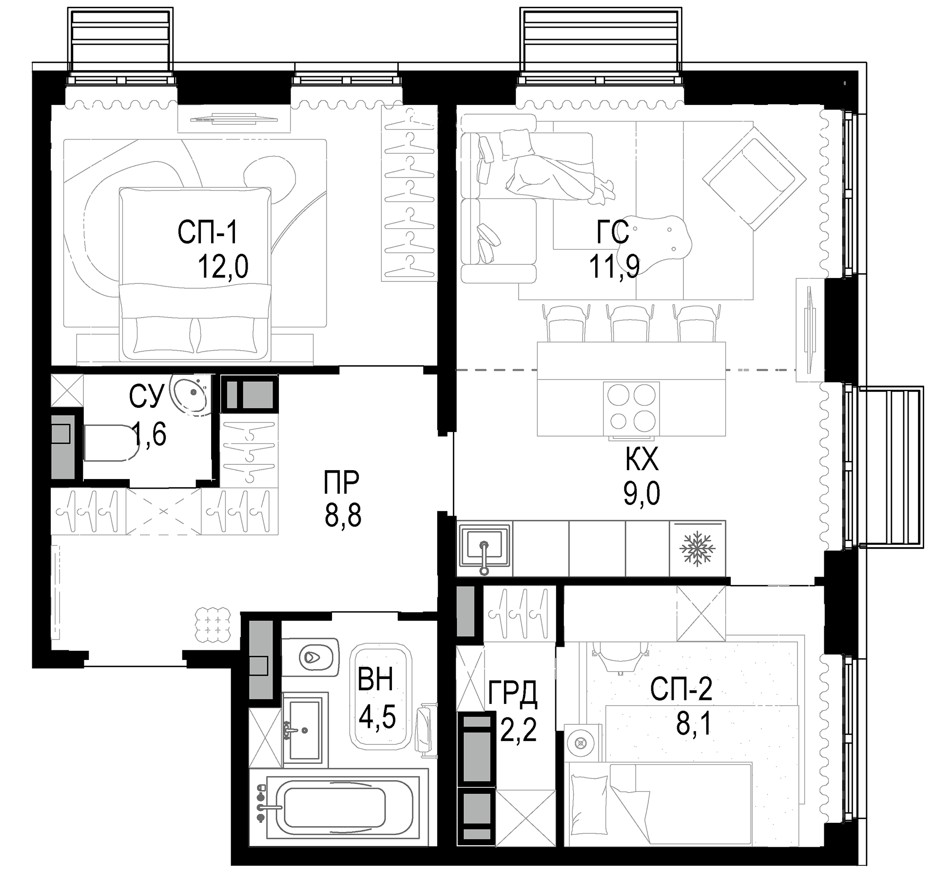 Планировка — Новая Звезда, 3-комн., 58 м²