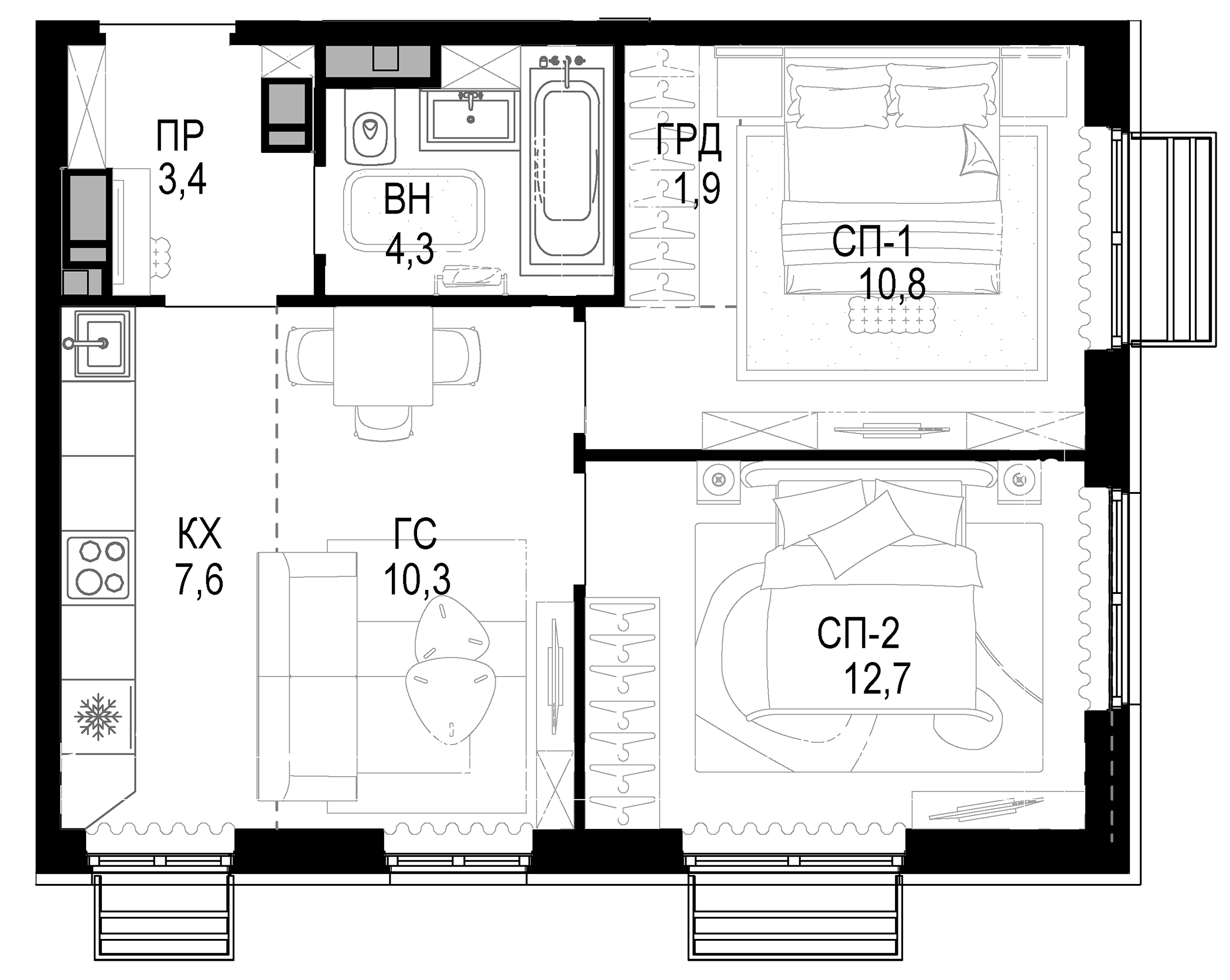 Планировка — Новая Звезда, 3-комн., 51 м²