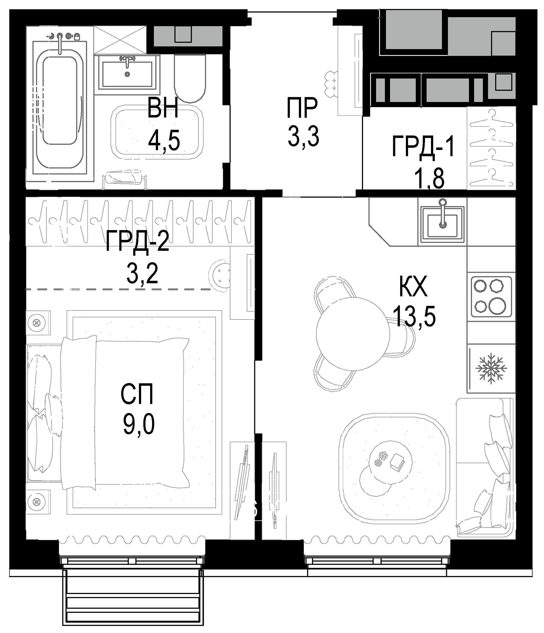 Планировка — Новая Звезда, 1-комн., 35 м²
