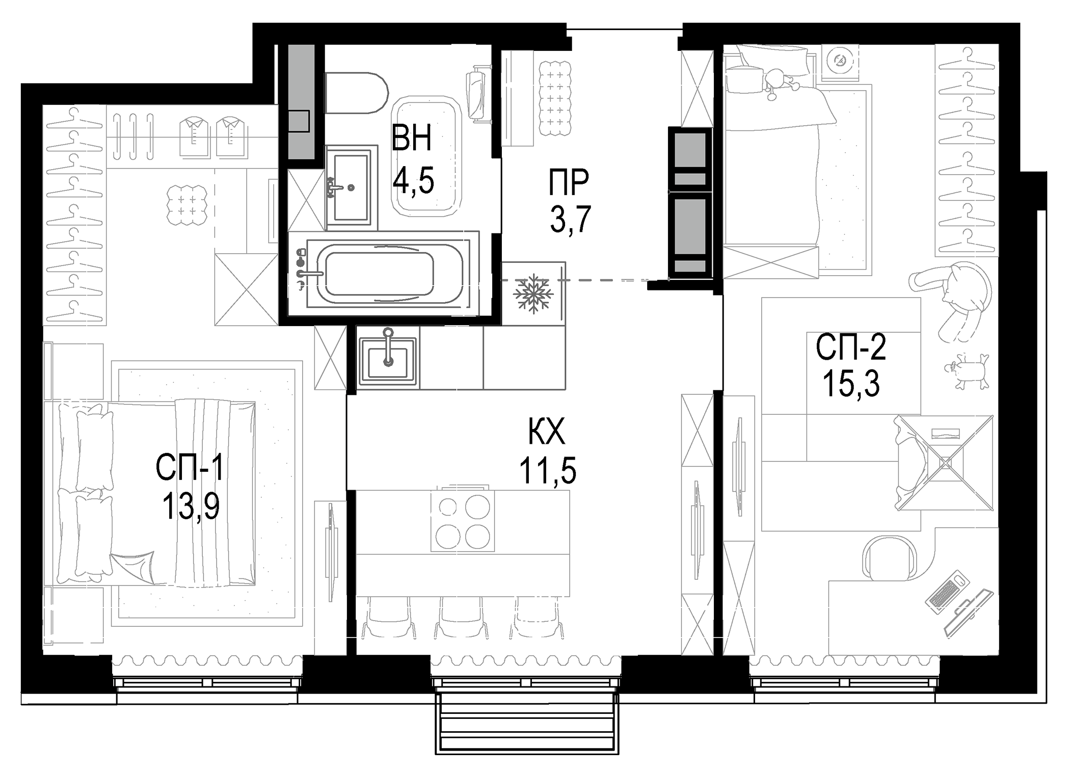 Планировка — Новая Звезда, 2-комн., 49 м²