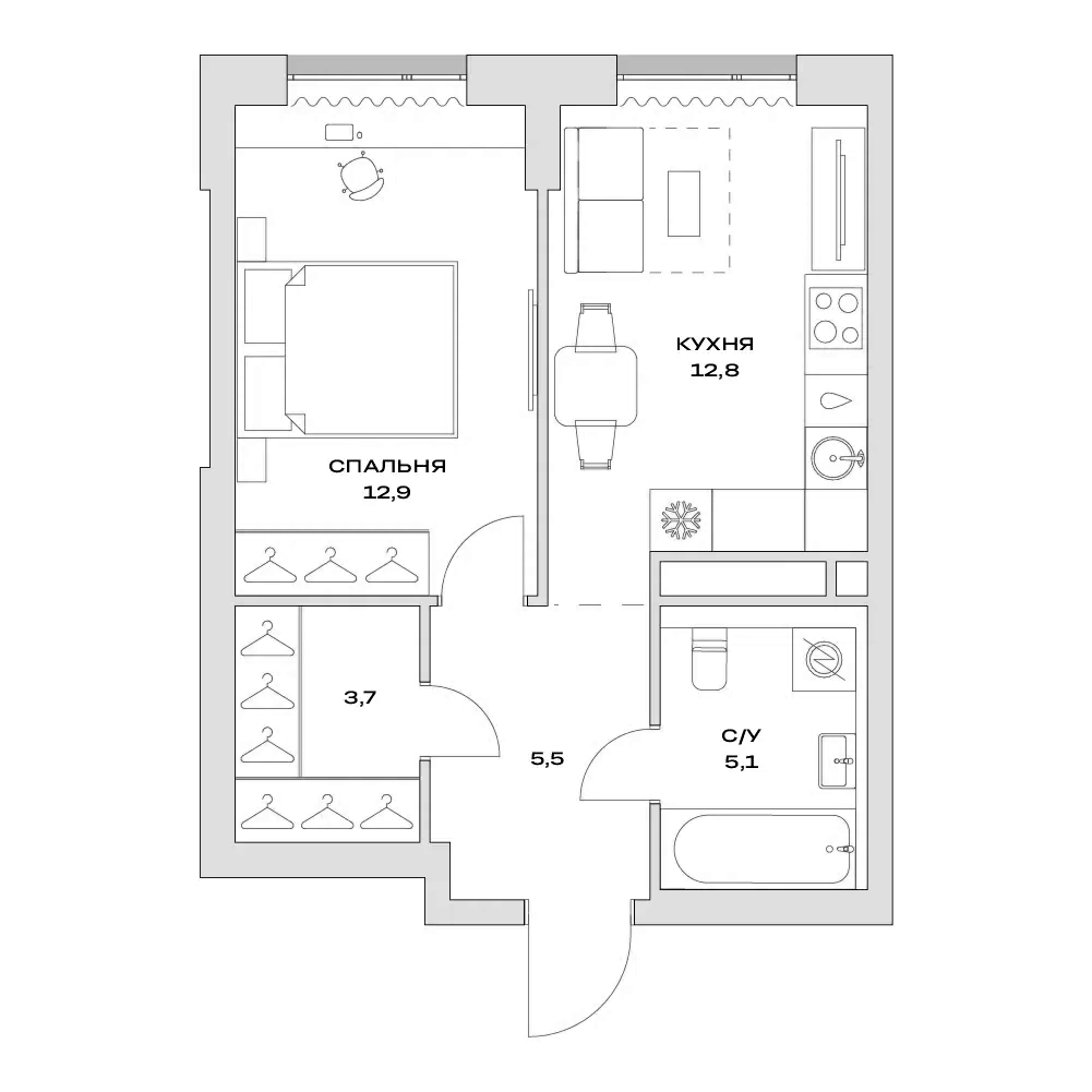 Планировка — Детали, 1-комн., 40 м²