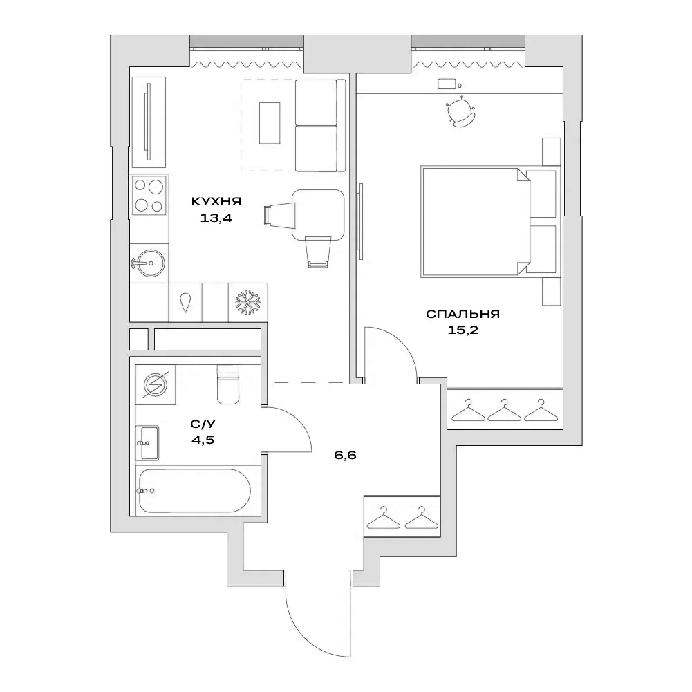 Планировка — Детали, 1-комн., 40 м²