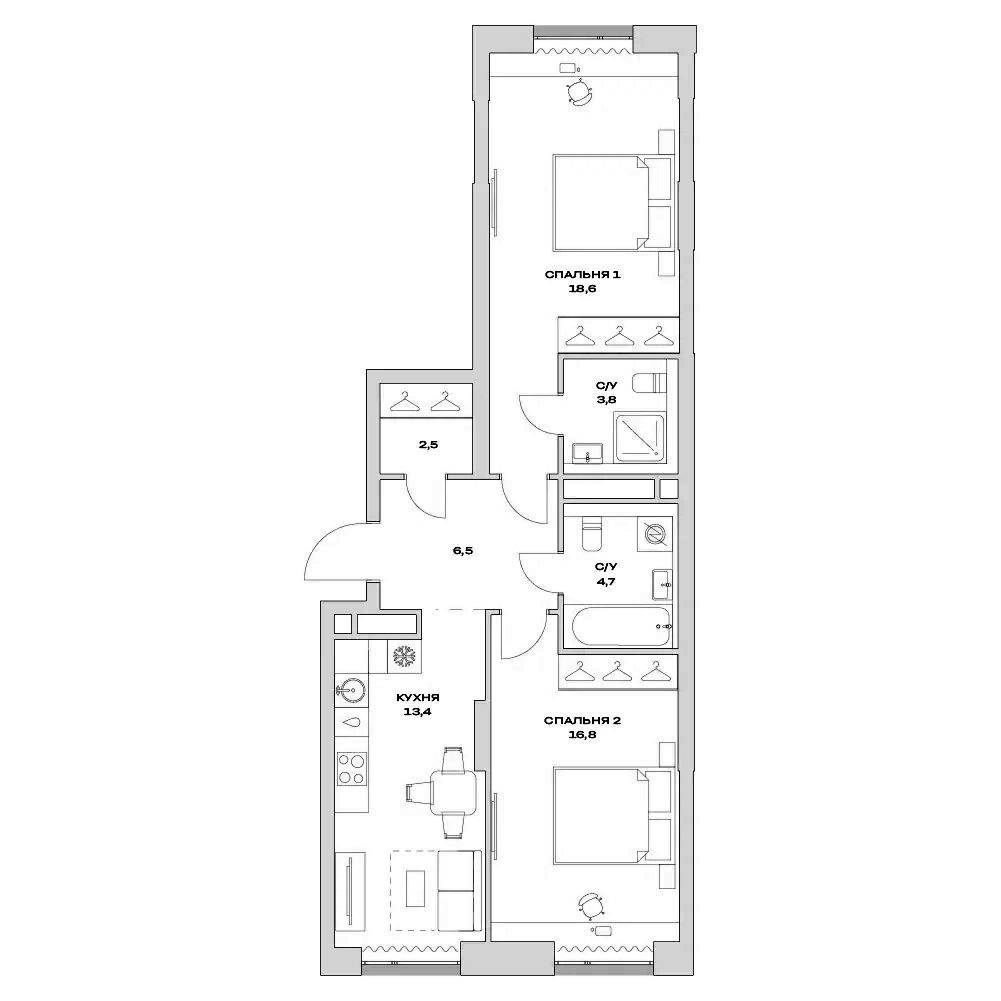 Планировка — Детали, 2-комн., 66 м²