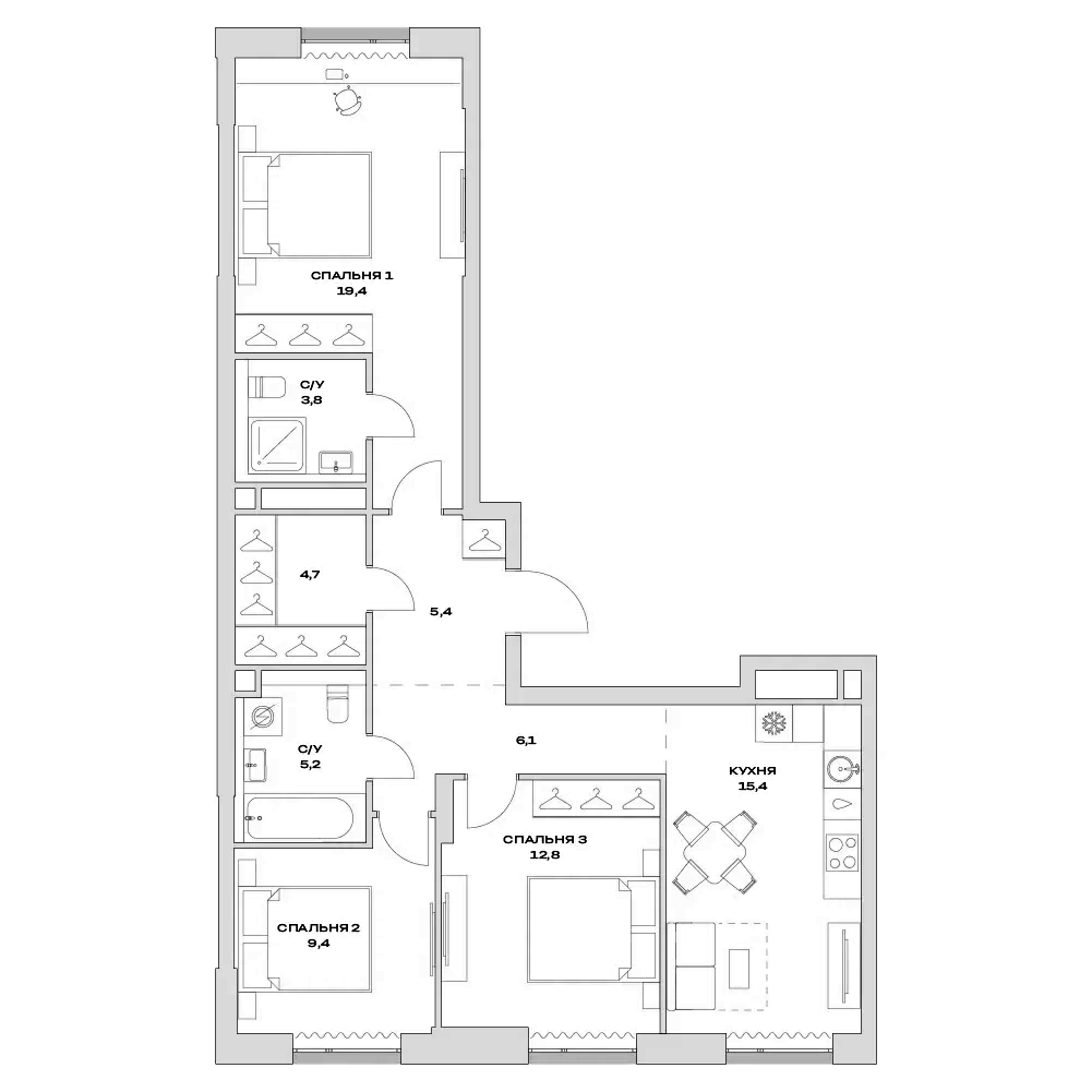 Планировка — Детали, 4-комн., 82 м²