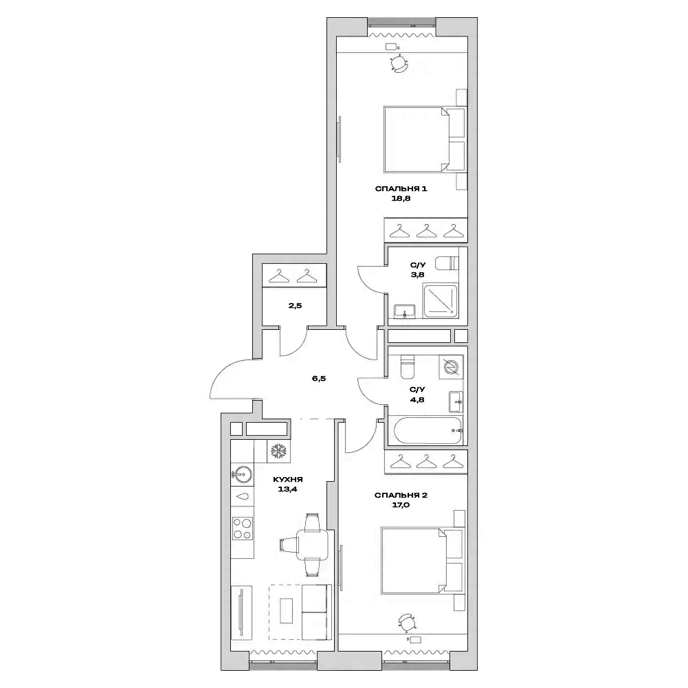 Планировка — Детали, 2-комн., 67 м²