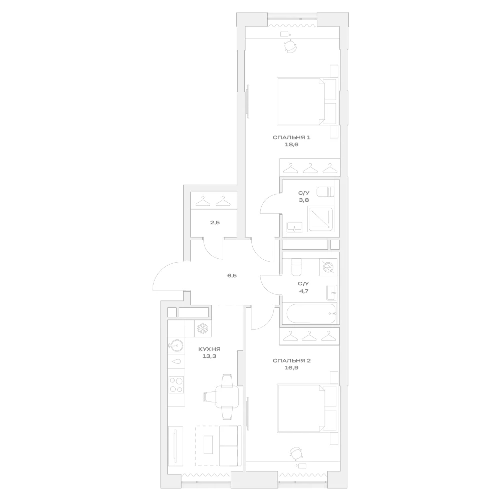 Планировка — Детали, 2-комн., 66 м²