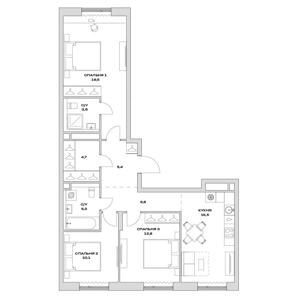 Планировка — Детали, 4-комн., 83 м²