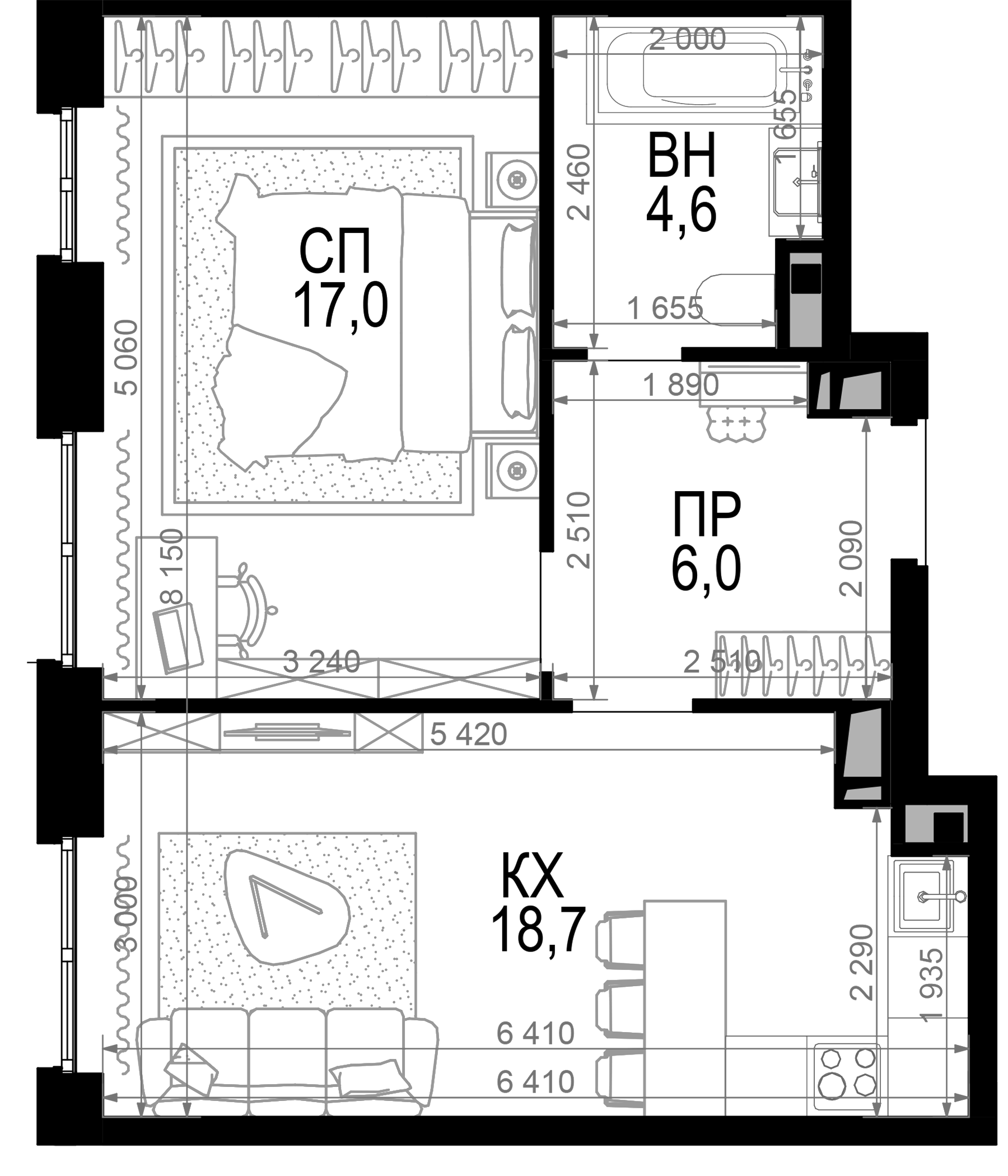 Планировка — Новая Звезда, 1-комн., 46 м²