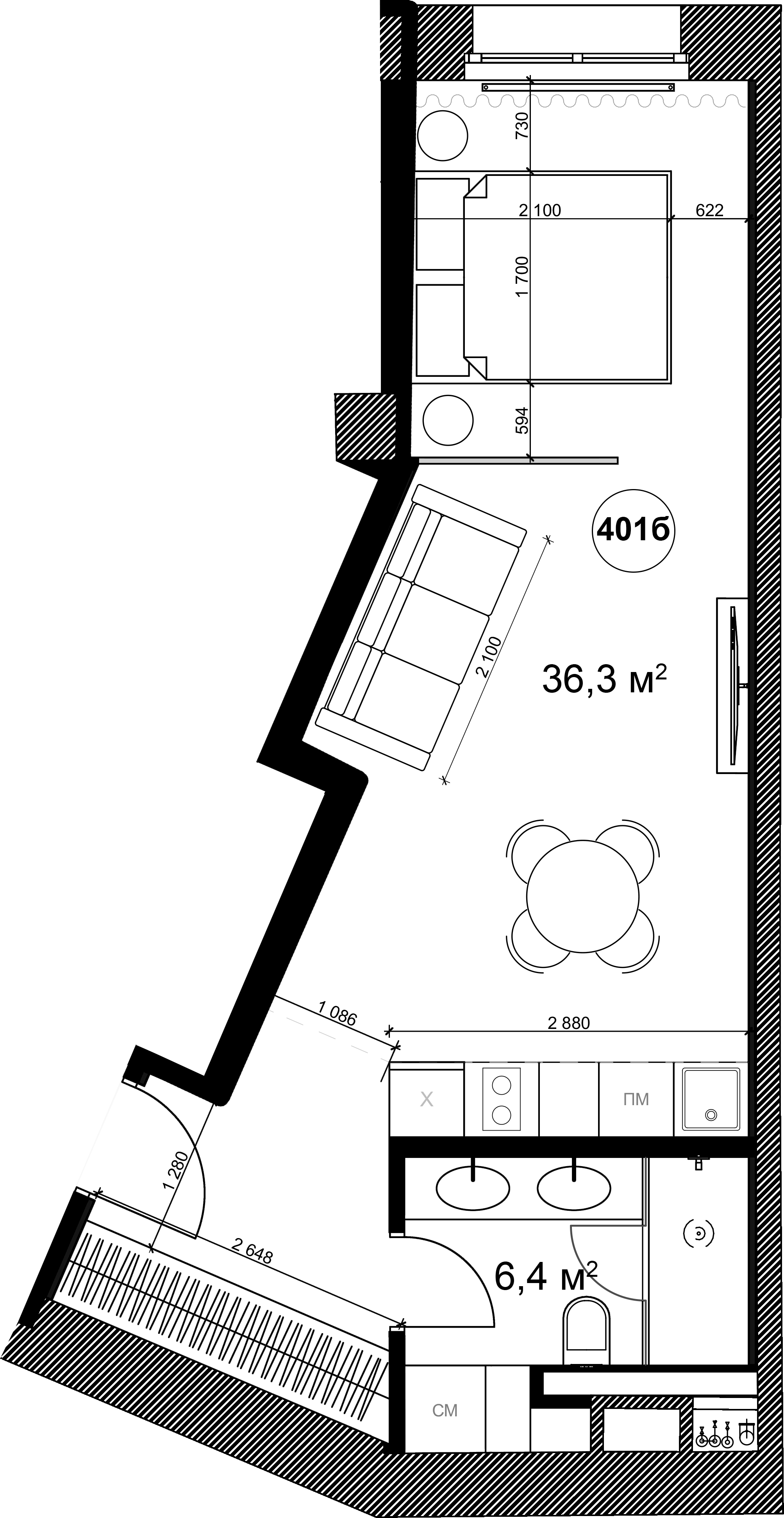 Планировка — Клубный дом Sole Hills, Студия, 43 м²
