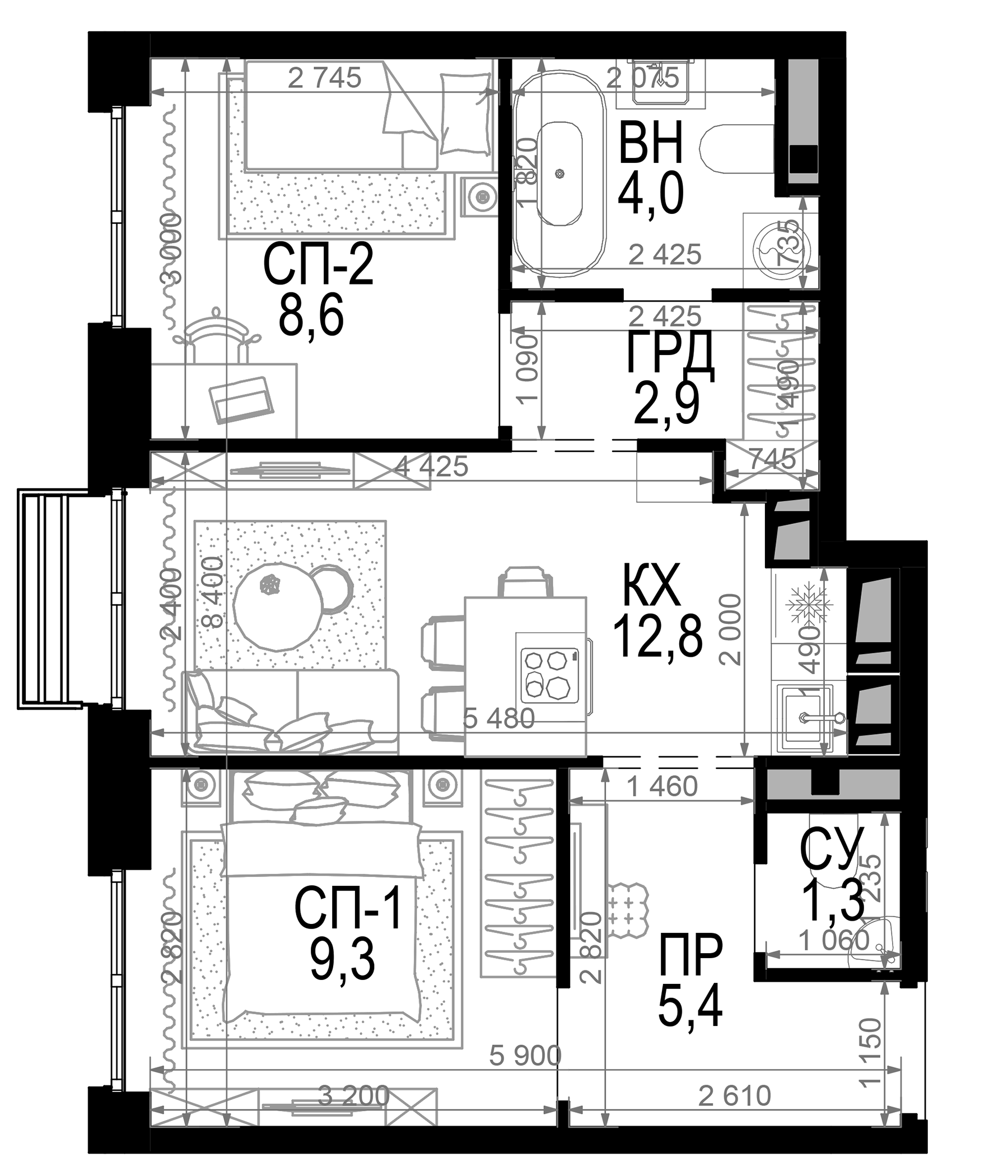Планировка — Новая Звезда, 2-комн., 44 м²