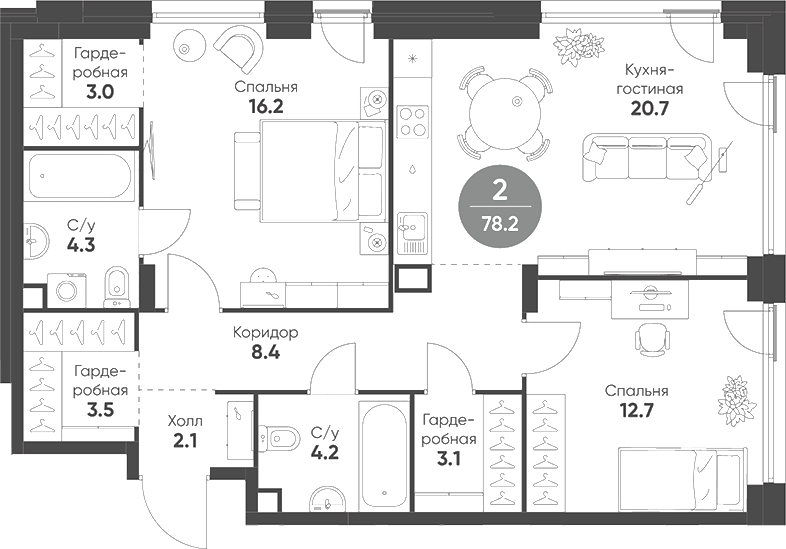 Планировка — Shagal, 3-комн., 78 м²