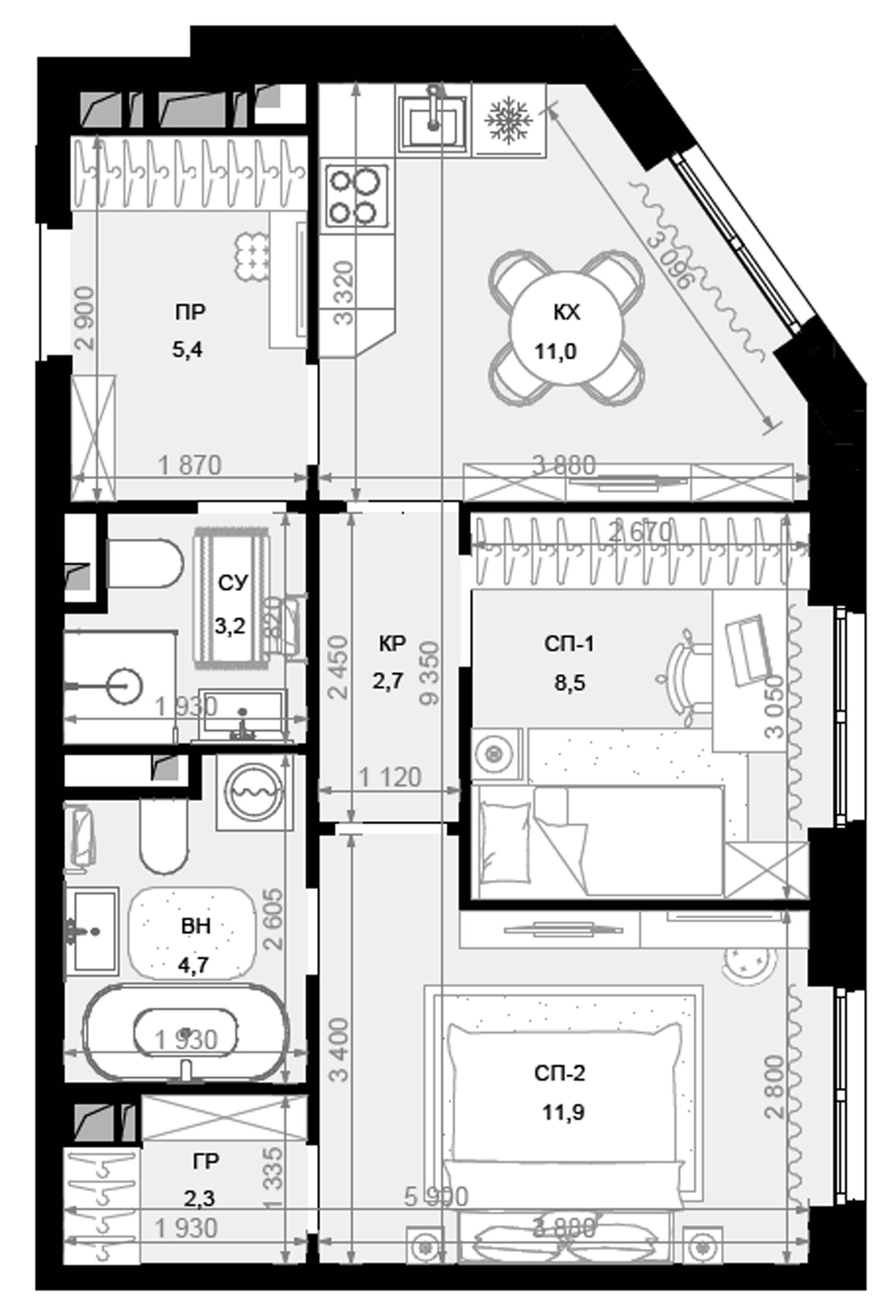 Планировка — Новая Звезда, 2-комн., 50 м²