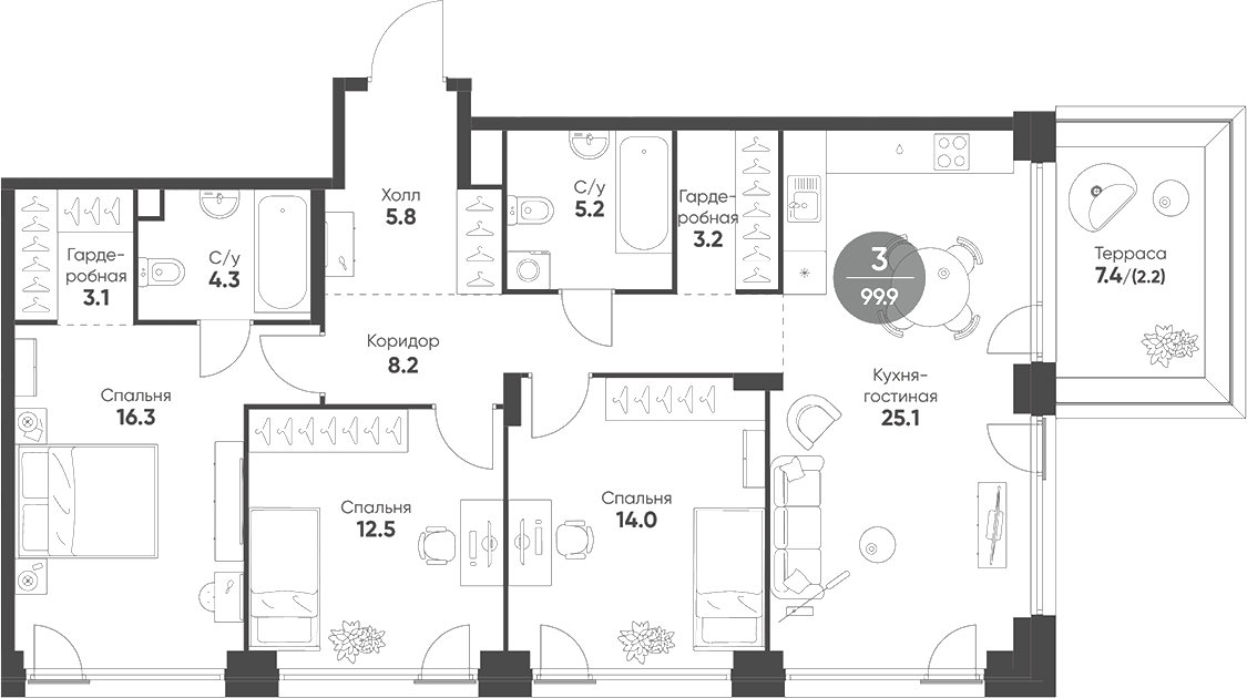 Планировка — Shagal, 4-комн., 98 м²
