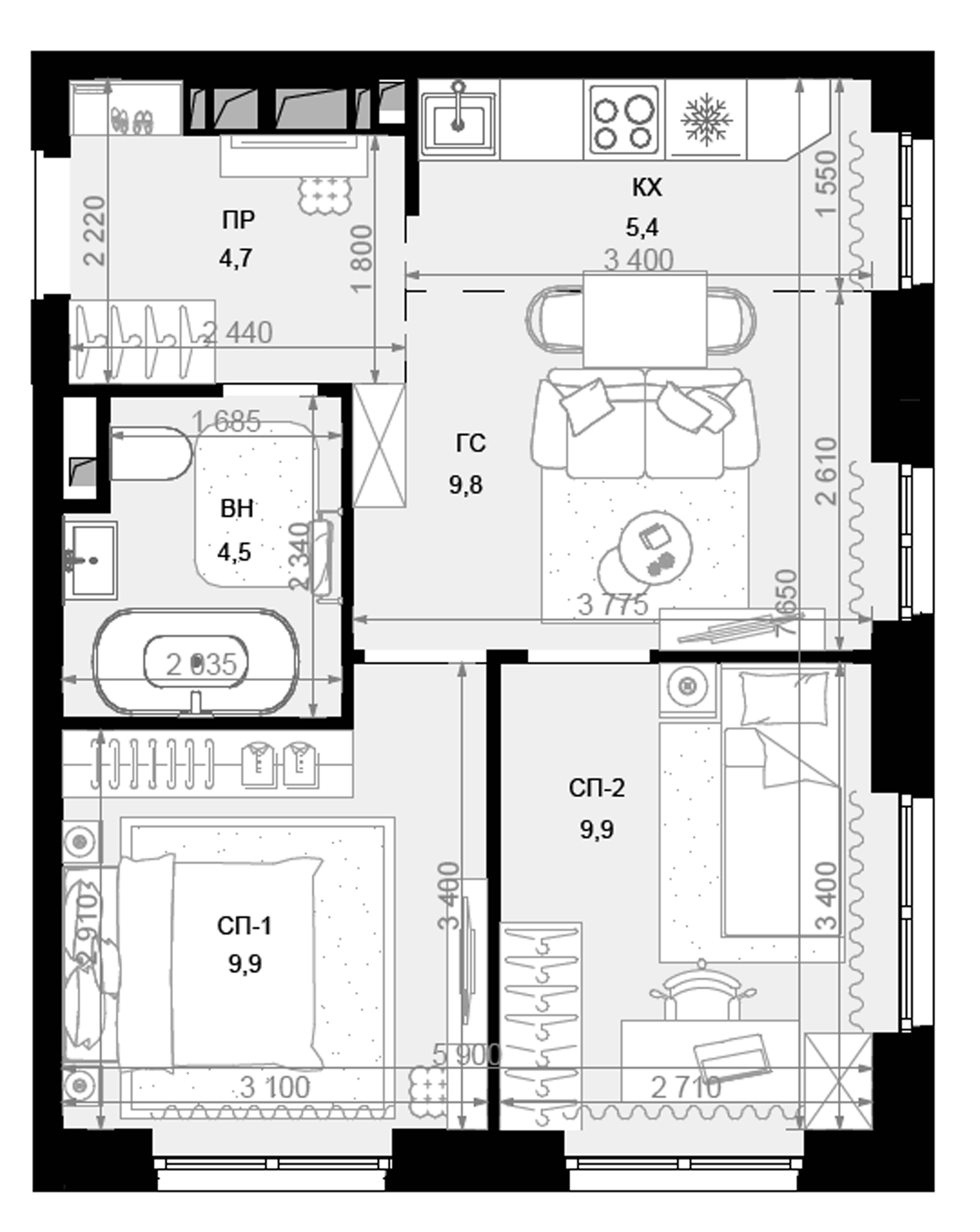Планировка — Новая Звезда, 3-комн., 44 м²