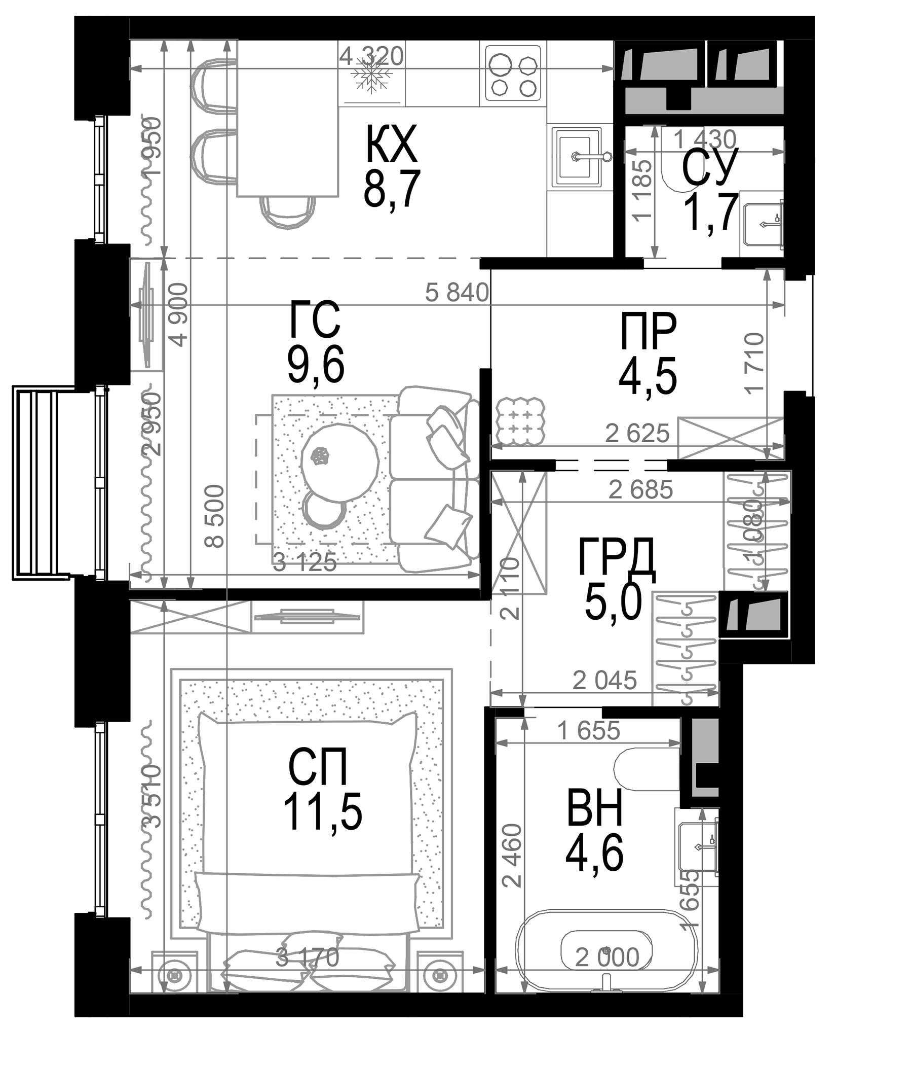 Планировка — Новая Звезда, 2-комн., 46 м²