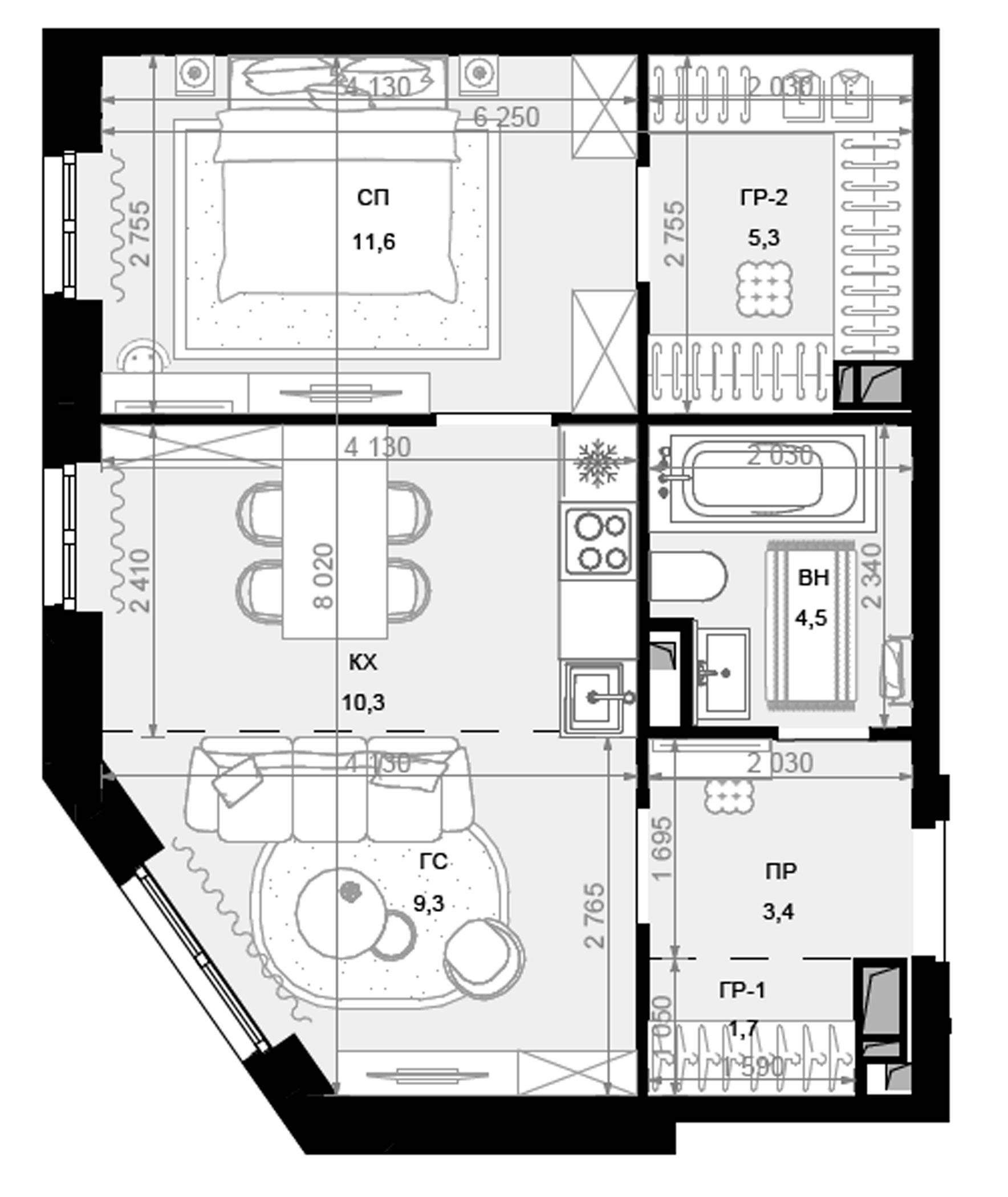 Планировка — Новая Звезда, 2-комн., 46 м²