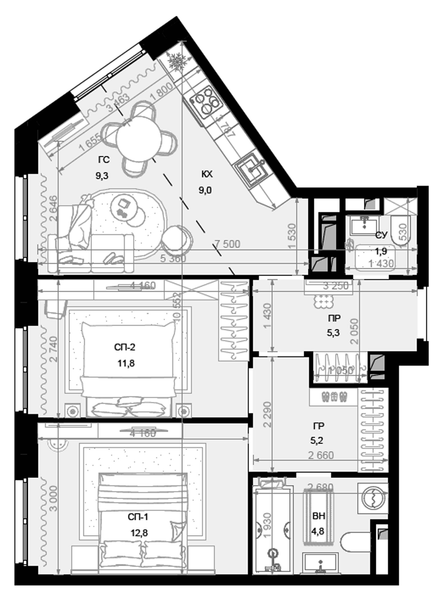 Планировка — Новая Звезда, 3-комн., 60 м²