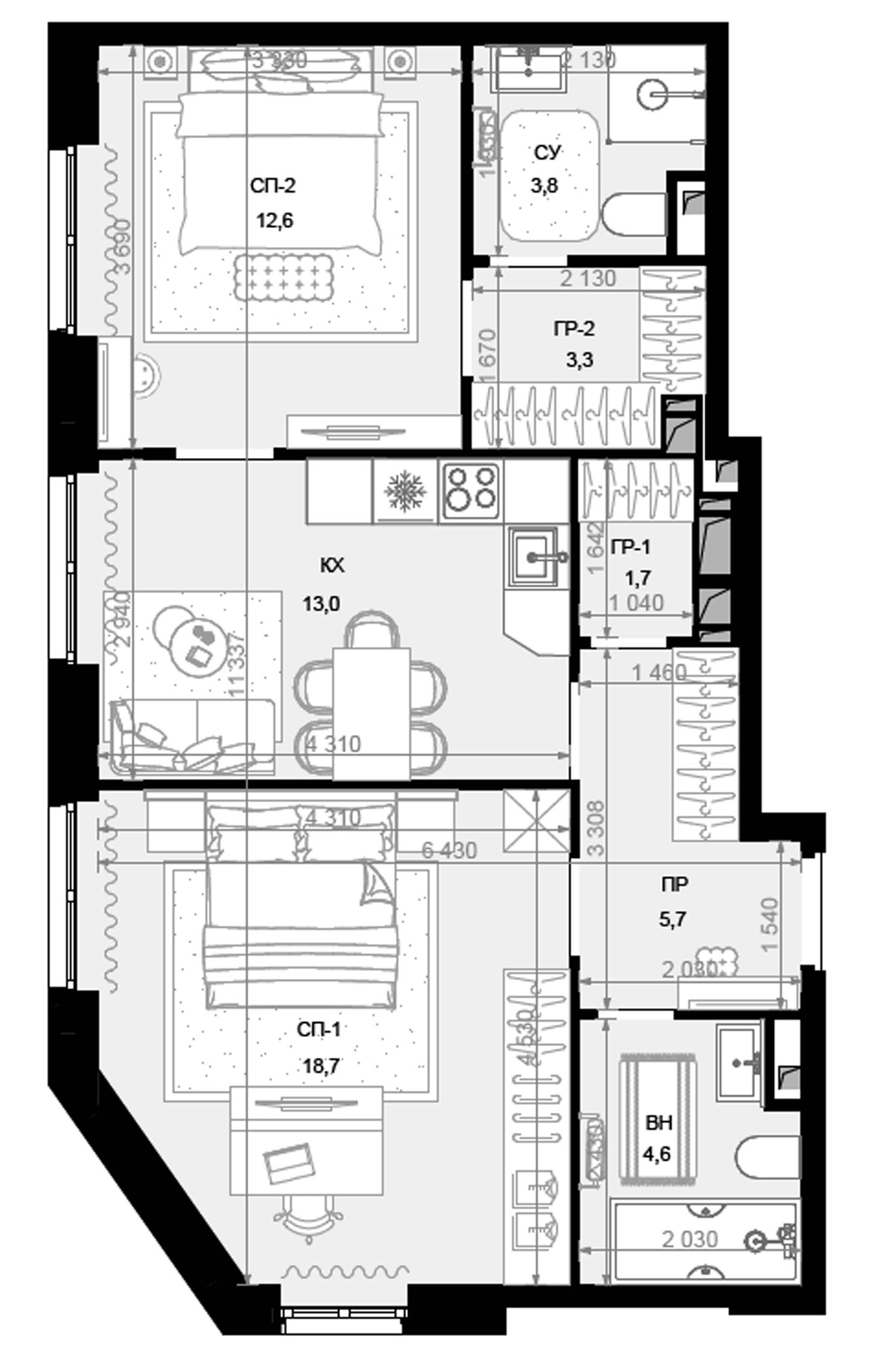 Планировка — Новая Звезда, 2-комн., 63 м²