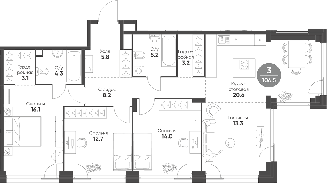 Планировка — Shagal, 4-комн., 107 м²