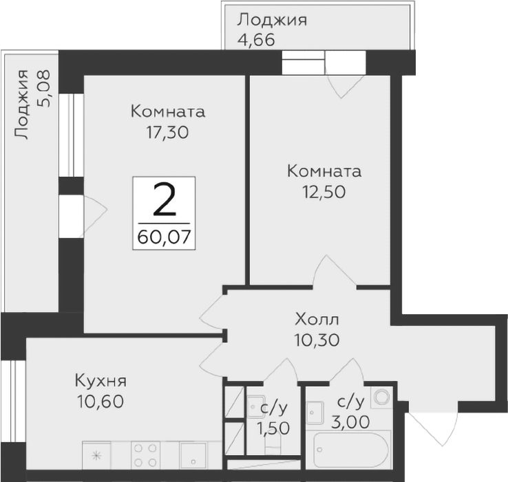 Планировка — Малаховский, 2-комн., 55 м²