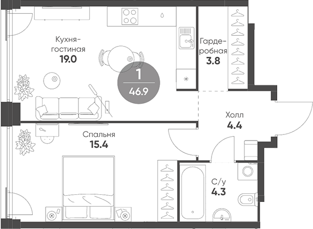Планировка — Shagal, 2-комн., 47 м²
