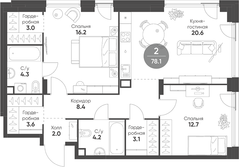Планировка — Shagal, 3-комн., 78 м²