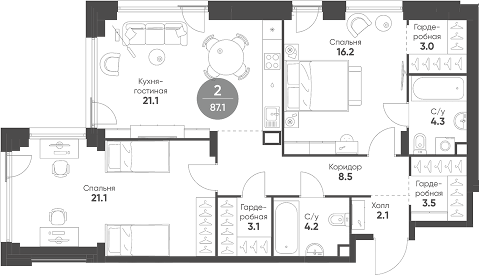 Планировка — Shagal, 3-комн., 87 м²