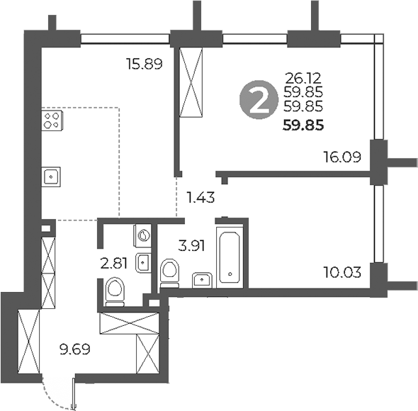 Планировка — Дубровка от Гранель, 3-комн., 60 м²