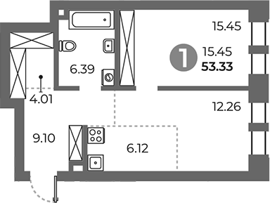 Планировка — Павелецкая от Гранель, 1-комн., 53 м²