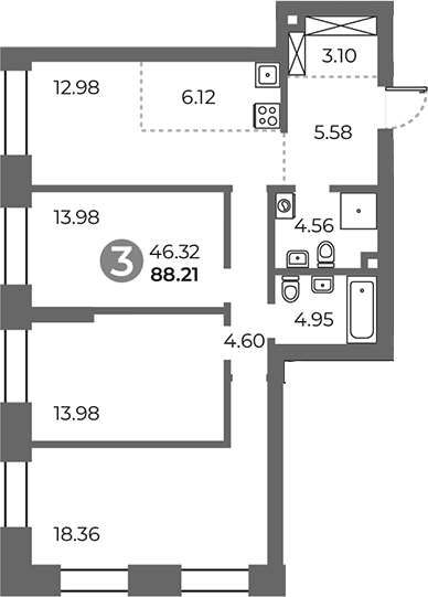 Планировка — Павелецкая от Гранель, 3-комн., 88 м²