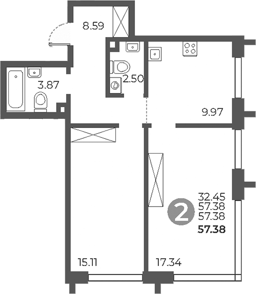 Планировка — Дубровка от Гранель, 3-комн., 57 м²