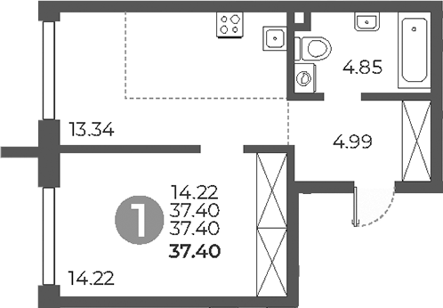 Планировка — Дубровка от Гранель, 1-комн., 37 м²