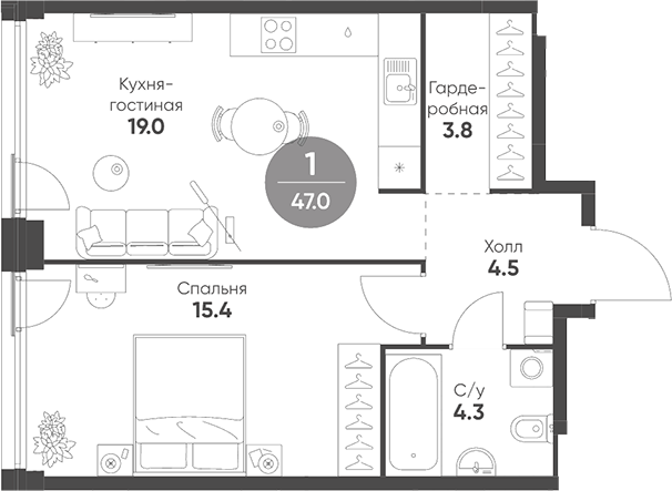 Планировка — Shagal, 2-комн., 47 м²