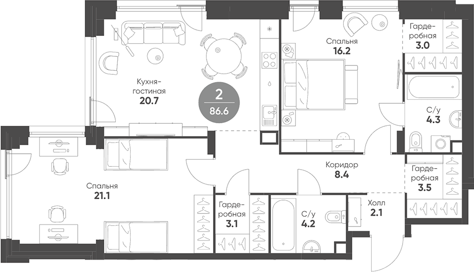 Планировка — Shagal, 3-комн., 87 м²
