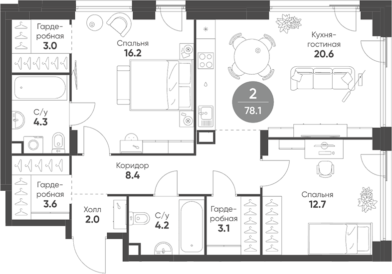 Планировка — Shagal, 3-комн., 78 м²