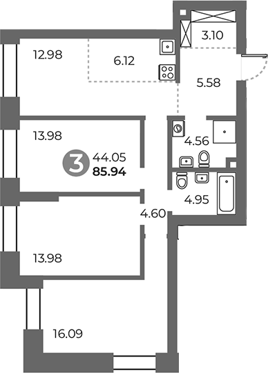 Планировка — Павелецкая от Гранель, 3-комн., 86 м²