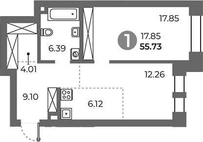 Планировка — Павелецкая от Гранель, 1-комн., 56 м²