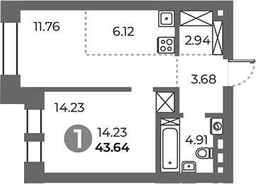 Планировка — Павелецкая от Гранель, 1-комн., 44 м²