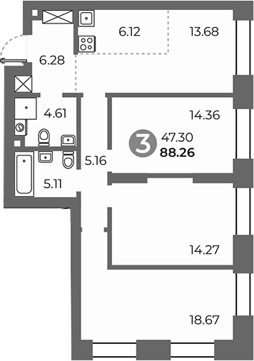 Планировка — Павелецкая от Гранель, 3-комн., 88 м²