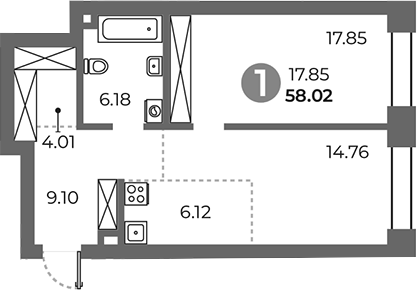 Планировка — Павелецкая от Гранель, 1-комн., 58 м²