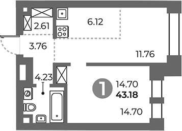 Планировка — Павелецкая от Гранель, 1-комн., 43 м²