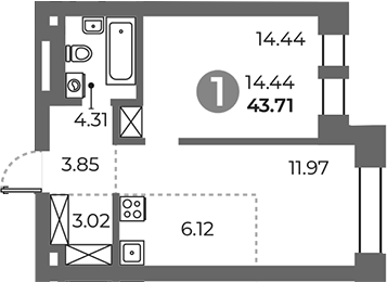 Планировка — Павелецкая от Гранель, 1-комн., 44 м²