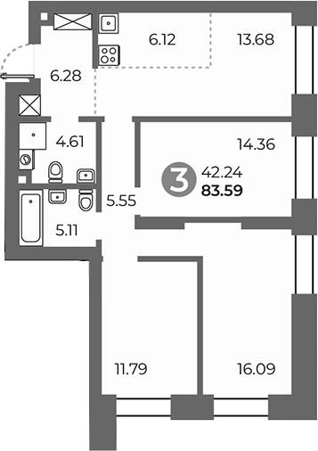 Планировка — Павелецкая от Гранель, 3-комн., 84 м²