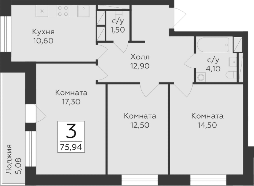 Планировка — Малаховский, 3-комн., 73 м²